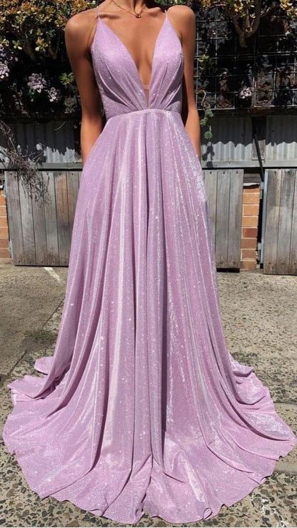 Sparkly A-Line Pink Sequin Prom Dresses V Neck Evening Dress ED01439