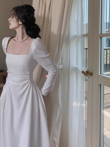 French style high-end white waist long-sleeved dress ED0143