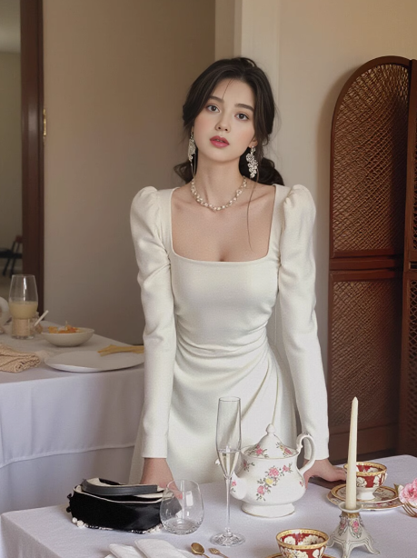 French style high-end white waist long-sleeved dress ED0143