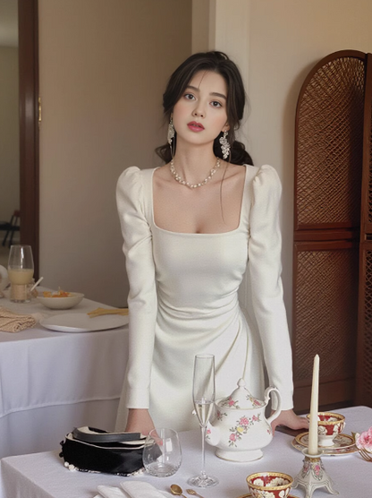 French style high-end white waist long-sleeved dress ED0143