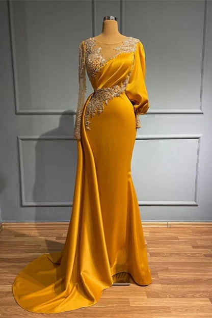 Vintage Jewel Asymmetric Satin Beading Long Sleeves Evening Prom Dresses with Appliques ED01440