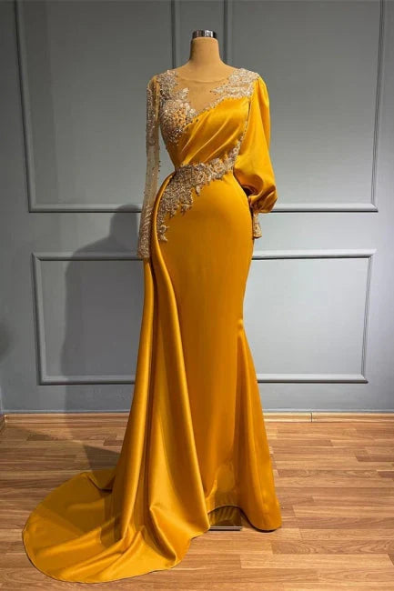 Vintage Jewel Asymmetric Satin Beading Long Sleeves Evening Prom Dresses with Appliques ED01440