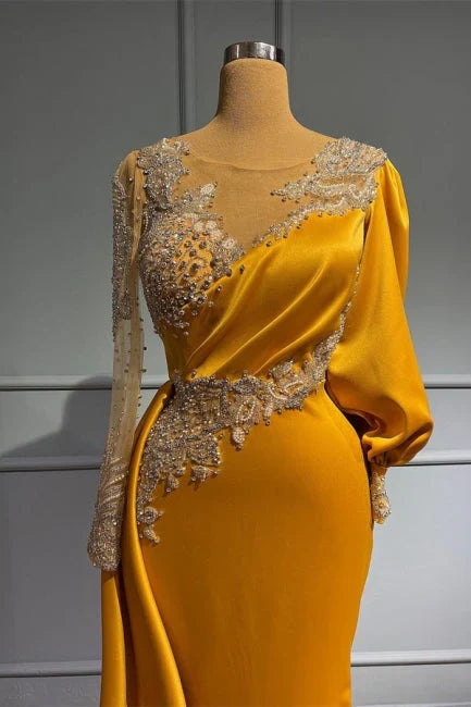 Vintage Jewel Asymmetric Satin Beading Long Sleeves Evening Prom Dresses with Appliques ED01440
