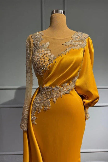 Vintage Jewel Asymmetric Satin Beading Long Sleeves Evening Prom Dresses with Appliques ED01440