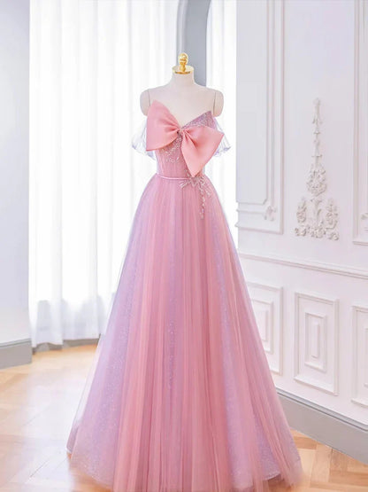 Lovely A-line Pink Tulle Long Prom Dress with Bow, Pink Formal Dresses ED01441