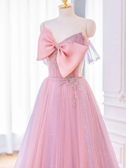 Lovely A-line Pink Tulle Long Prom Dress with Bow, Pink Formal Dresses ED01441
