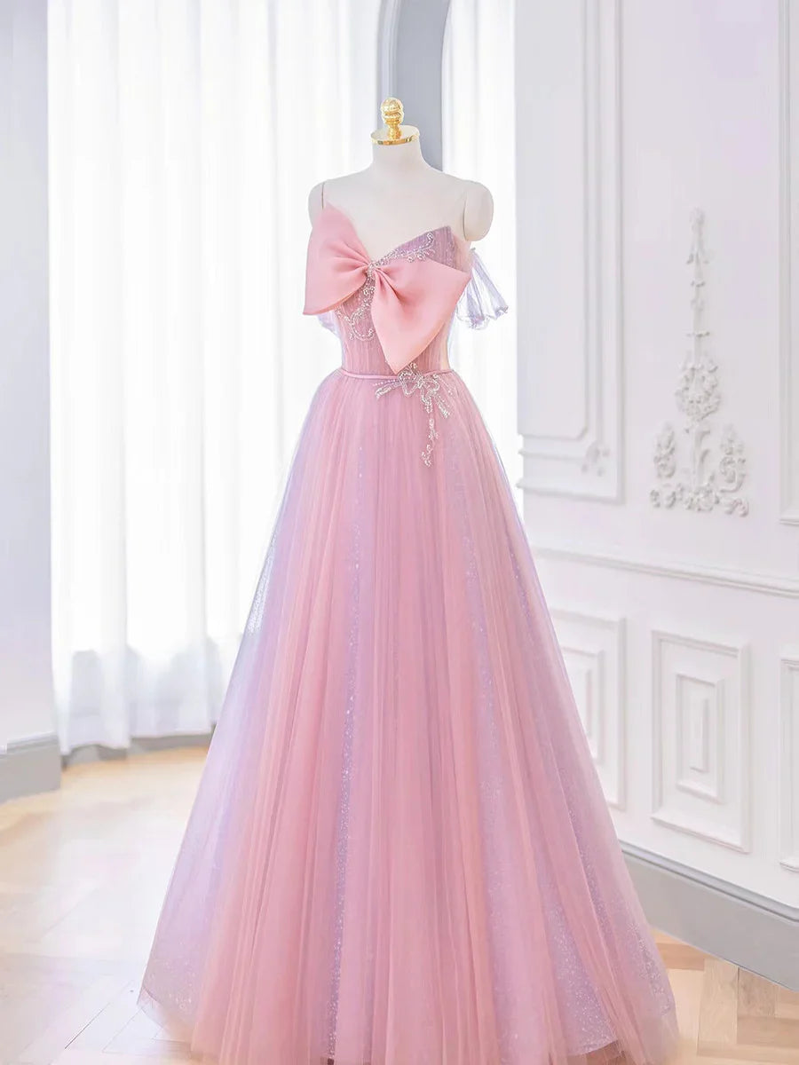 Lovely A-line Pink Tulle Long Prom Dress with Bow, Pink Formal Dresses ED01441