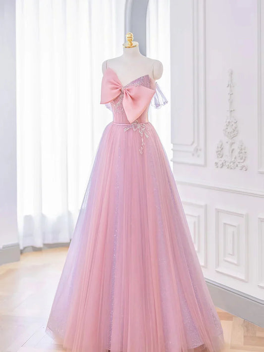 Lovely A-line Pink Tulle Long Prom Dress with Bow, Pink Formal Dresses ED01441