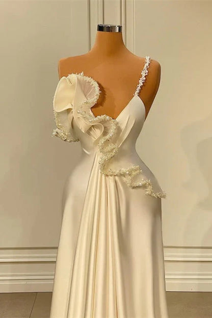 Fabulous A-line One Shoulder White Satin Evening Prom Dress with Ruffles ED01442