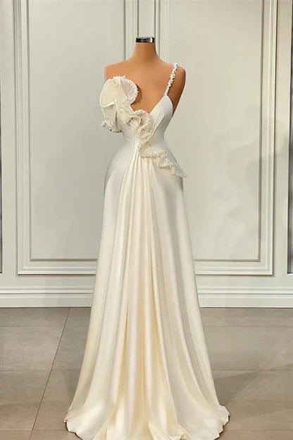Fabulous A-line One Shoulder White Satin Evening Prom Dress with Ruffles ED01442