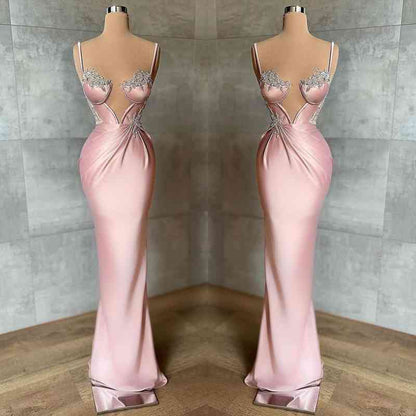 Pink Spaghetti-Straps Mermaid Satin Prom Dress Sleeveless With Appliques ED01445