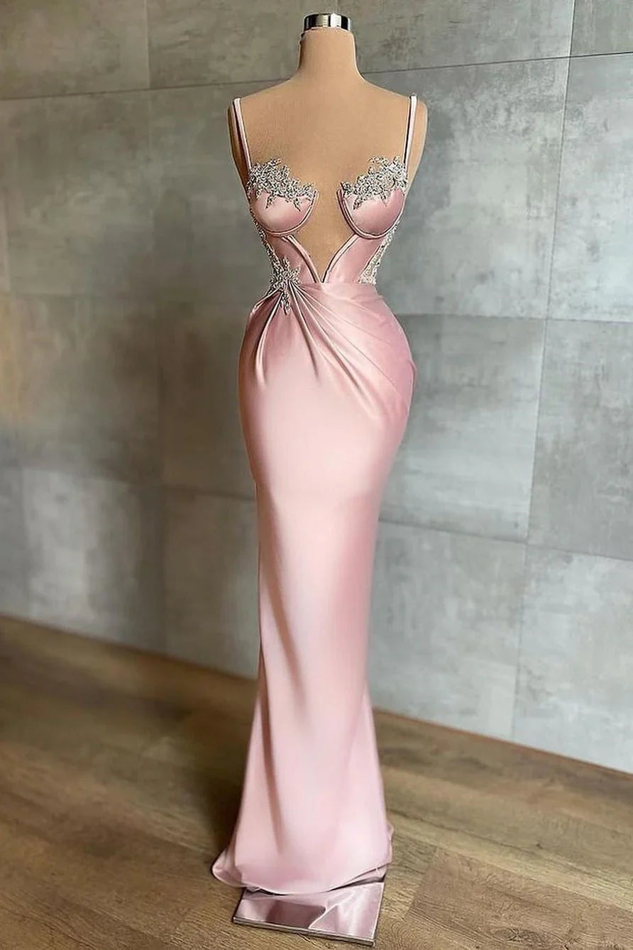 Pink Spaghetti-Straps Mermaid Satin Prom Dress Sleeveless With Appliques ED01445