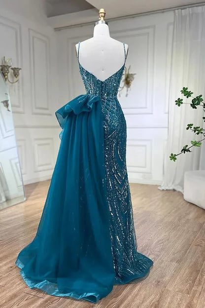 Sky Blue Elegant Mermaid Spaghetti Strap Tulle Beading Long Prom Dress ED01448