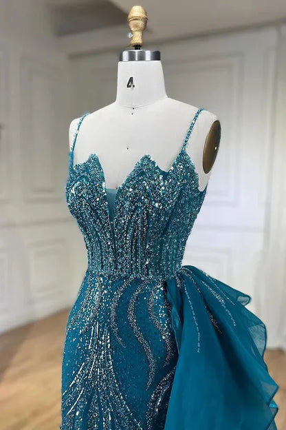 Sky Blue Elegant Mermaid Spaghetti Strap Tulle Beading Long Prom Dress ED01448