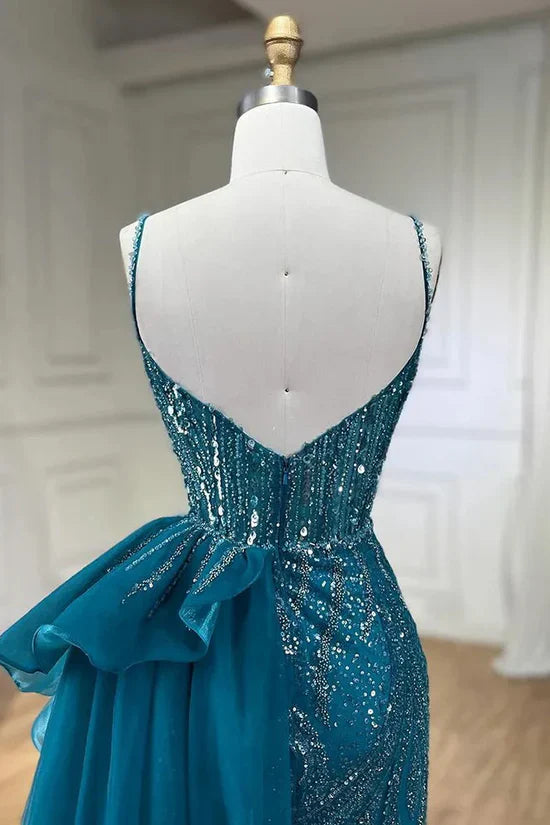 Sky Blue Elegant Mermaid Spaghetti Strap Tulle Beading Long Prom Dress ED01448