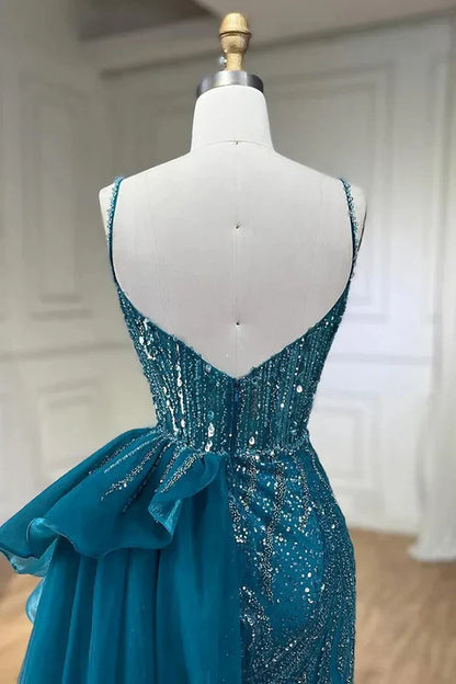 Sky Blue Elegant Mermaid Spaghetti Strap Tulle Beading Long Prom Dress ED01448