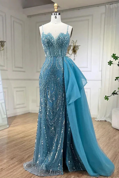Sky Blue Elegant Mermaid Spaghetti Strap Tulle Beading Long Prom Dress ED01448