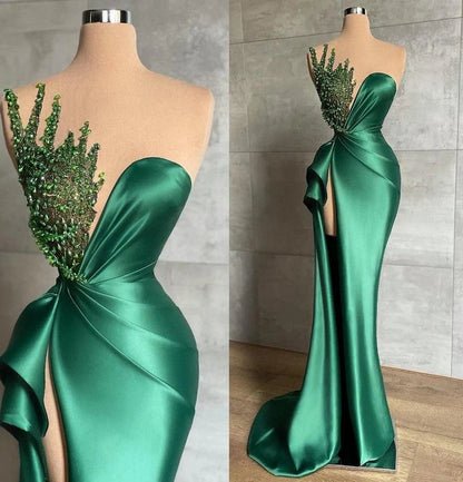 Mermaid Satin Asymmetrical High Split Beaded Floor-length Sleeveless Prom Dress ED01449