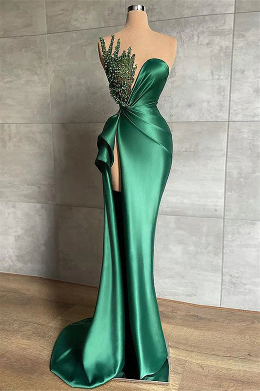 Mermaid Satin Asymmetrical High Split Beaded Floor-length Sleeveless Prom Dress ED01449