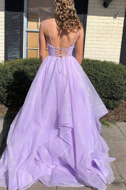 Purple Elegant A-line V-neck Spaghetti Strap Tulle Long Prom Dress ED01450