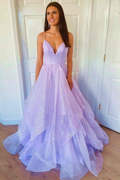 Purple Elegant A-line V-neck Spaghetti Strap Tulle Long Prom Dress ED01450
