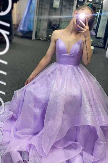 Purple Elegant A-line V-neck Spaghetti Strap Tulle Long Prom Dress ED01450