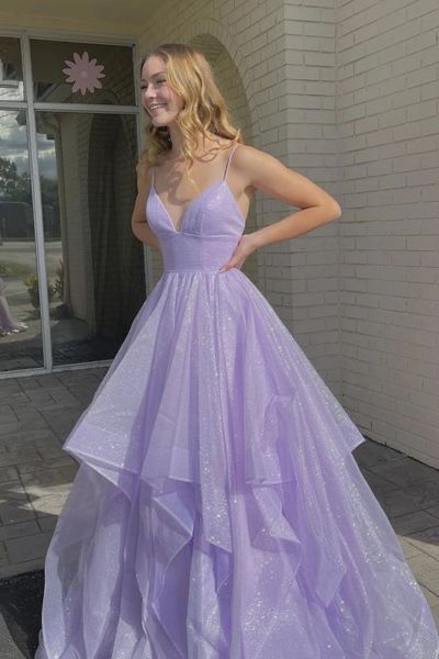 Purple Elegant A-line V-neck Spaghetti Strap Tulle Long Prom Dress ED01450