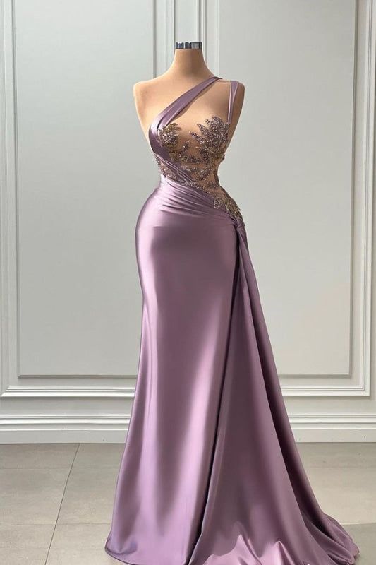 Mermaid Sleeveless Asymmetric Satin Long Prom Dress with Pleated Beadings ED01453