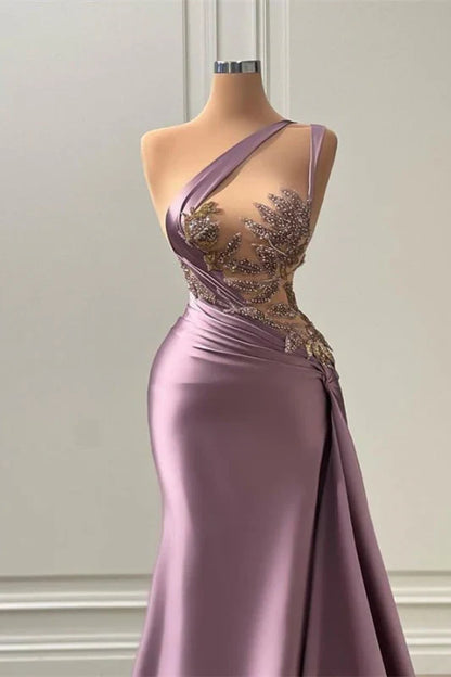 Mermaid Sleeveless Asymmetric Satin Long Prom Dress with Pleated Beadings ED01453