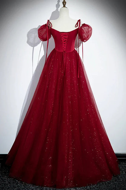 Burgundy  A-Line Satin Tulle Floor Length Prom Dress, Off Shoulder Formal Evening Dress ED01455