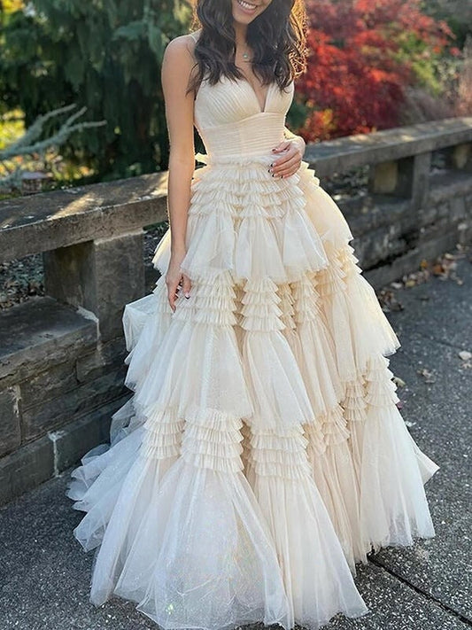 Champagne A-Line Spaghetti Straps Long Tiered Tulle Prom Dress With Split ED01458