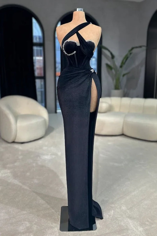 Black Velvet Long Prom Dress Mermaid Sleeveless with Beads ED01459