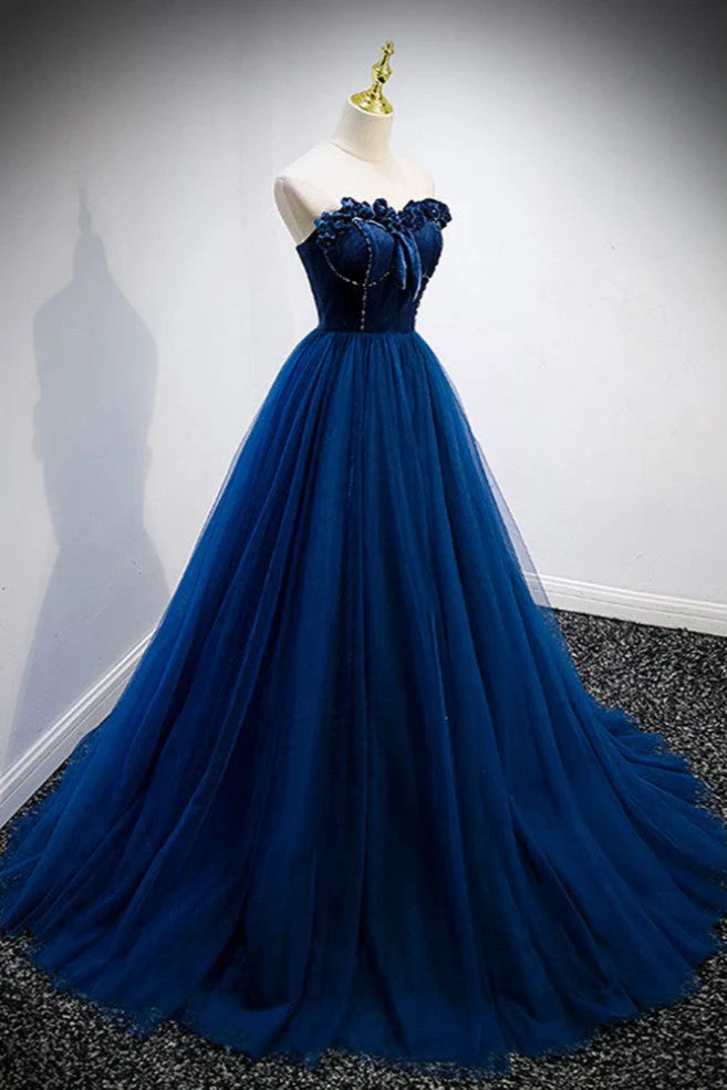 Elegant A-line Strapless Blue Velvet And Tulle Long Prom Dress  ED01460