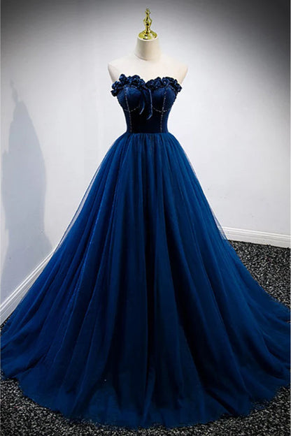 Elegant A-line Strapless Blue Velvet And Tulle Long Prom Dress  ED01460