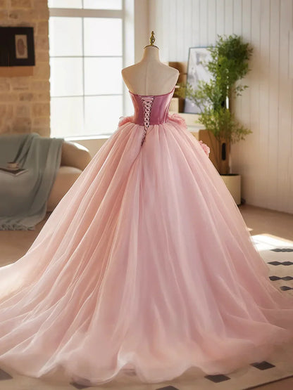 Pink A-Line Strapless Velvet Tulle Long Prom Dress,  Sweet 16 Princess Dress ED01463