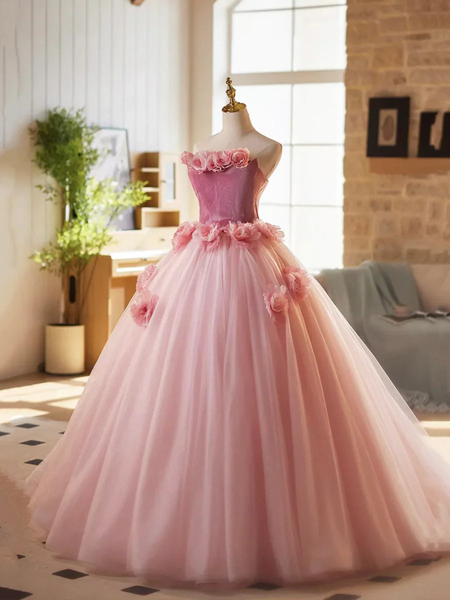 Pink A-Line Strapless Velvet Tulle Long Prom Dress,  Sweet 16 Princess Dress ED01463