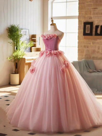 Pink A-Line Strapless Velvet Tulle Long Prom Dress,  Sweet 16 Princess Dress ED01463