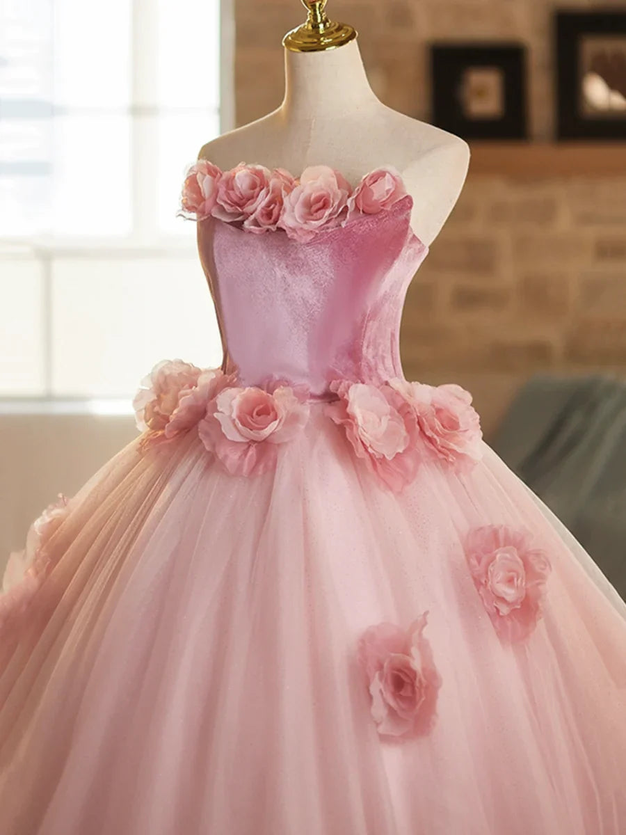 Pink A-Line Strapless Velvet Tulle Long Prom Dress,  Sweet 16 Princess Dress ED01463