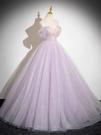 Sparkly A-Line Tulle Prom Dress Off the Shoulder Floral Appliques Long Prom Dress ED01468