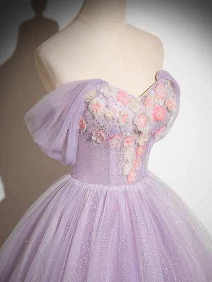 Sparkly A-Line Tulle Prom Dress Off the Shoulder Floral Appliques Long Prom Dress ED01468