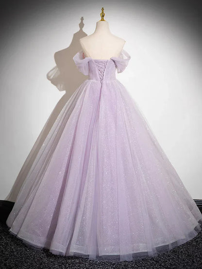 Sparkly A-Line Tulle Prom Dress Off the Shoulder Floral Appliques Long Prom Dress ED01468