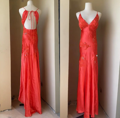 Chic A-Line Satin Spaghetti Straps Green Vintage  Backless Long Prom Dresses  ED01470