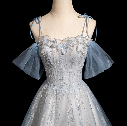 A-line Spaghetti Straps Tulle Sequins Long Prom Dress, Sweet Beaded Evening Dress ED01474