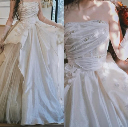 Sweet Pink A-line Tulle Satin  Long Prom Dresses Strapless Applique Wedding Dresses ED01476