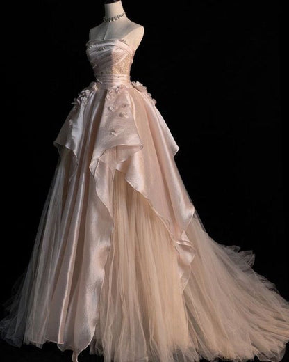 Sweet Pink A-line Tulle Satin  Long Prom Dresses Strapless Applique Wedding Dresses ED01476