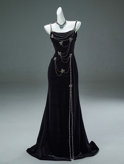 Black Mermaid Spaghetti Straps Velvet Beaded Long Prom Dresses , Elegant Evening Dress ED01482