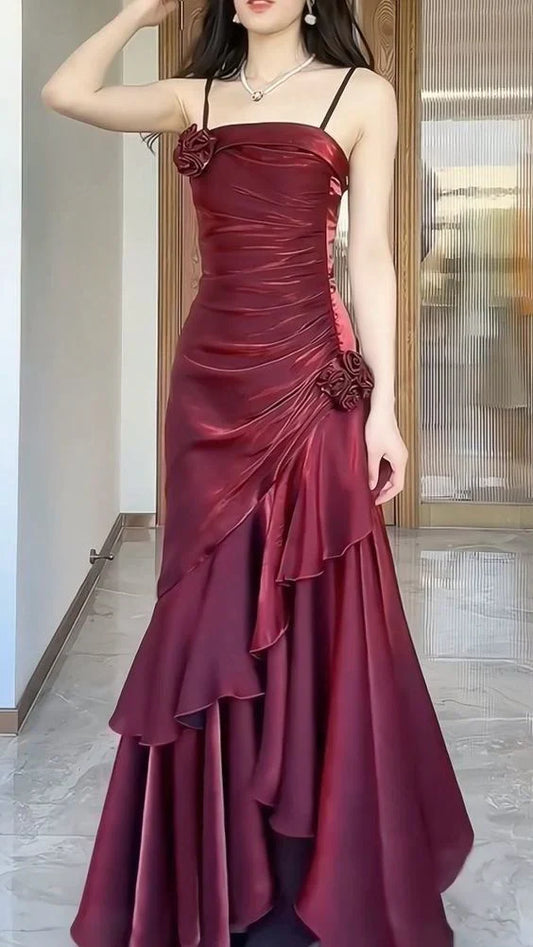 ❤️Elegant Satin Prom Dress for Quinceanera&Party-Fairytale A-line Straps Evening Gown for Birthday ED01484