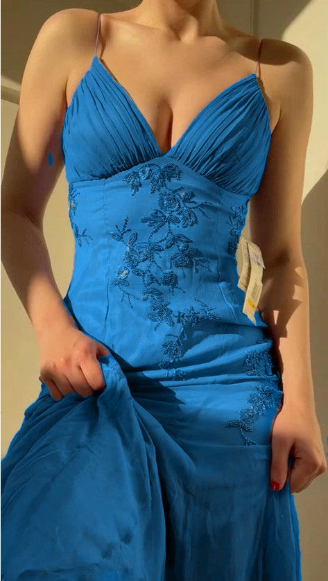 Pretty Spaghetti Straps V-neck Beaded Backless Prom Dresses Party Dresses ED01485