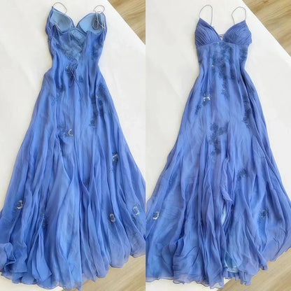 Pretty Spaghetti Straps V-neck Beaded Backless Prom Dresses Party Dresses ED01485