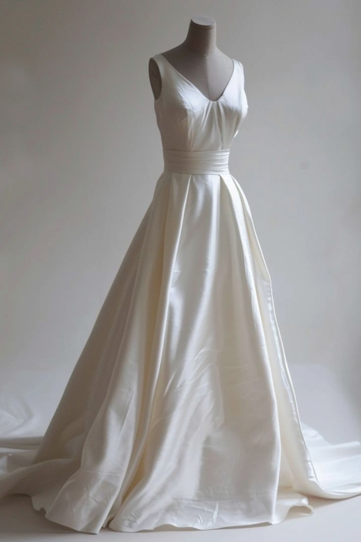 White A-line V-neck Satin Train Long Prom Dress Simple Wedding Dress ED01486
